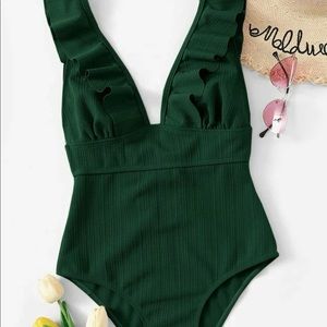 Dark Green One Piece Ruffle Swimsuit